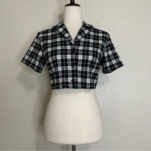Brandy Melville John Galt Black White Plaid Button Down Cropped Top, Sz Small